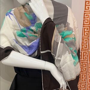 Leonard Paris silk designer scarf. Floral Print Scarf in Brown and Green